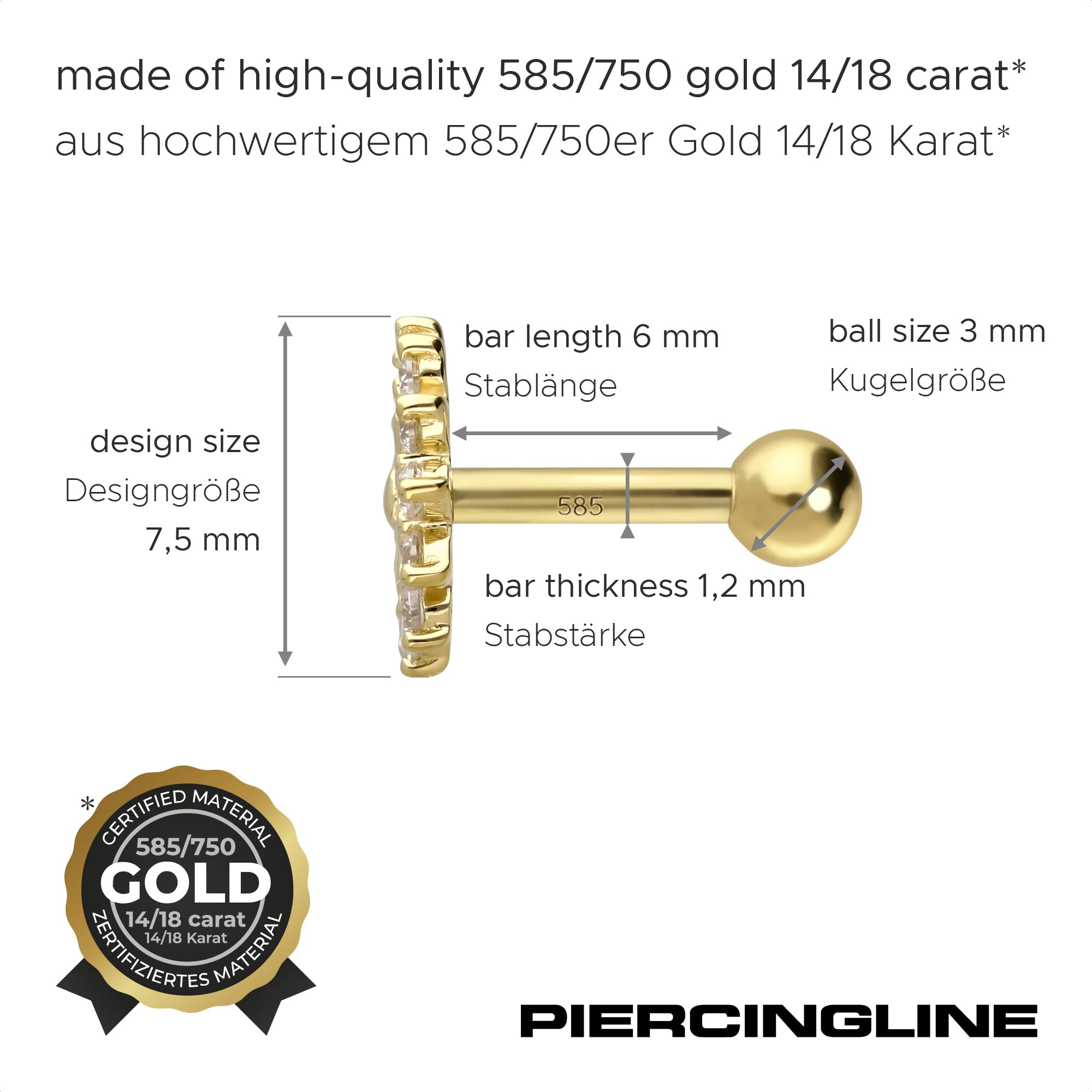 PIERCINGLINE 14 Karat oder 18 Karat Gold Ohrpiercing MOISSANITE + BLUME Piercing Tragus Helix Conch