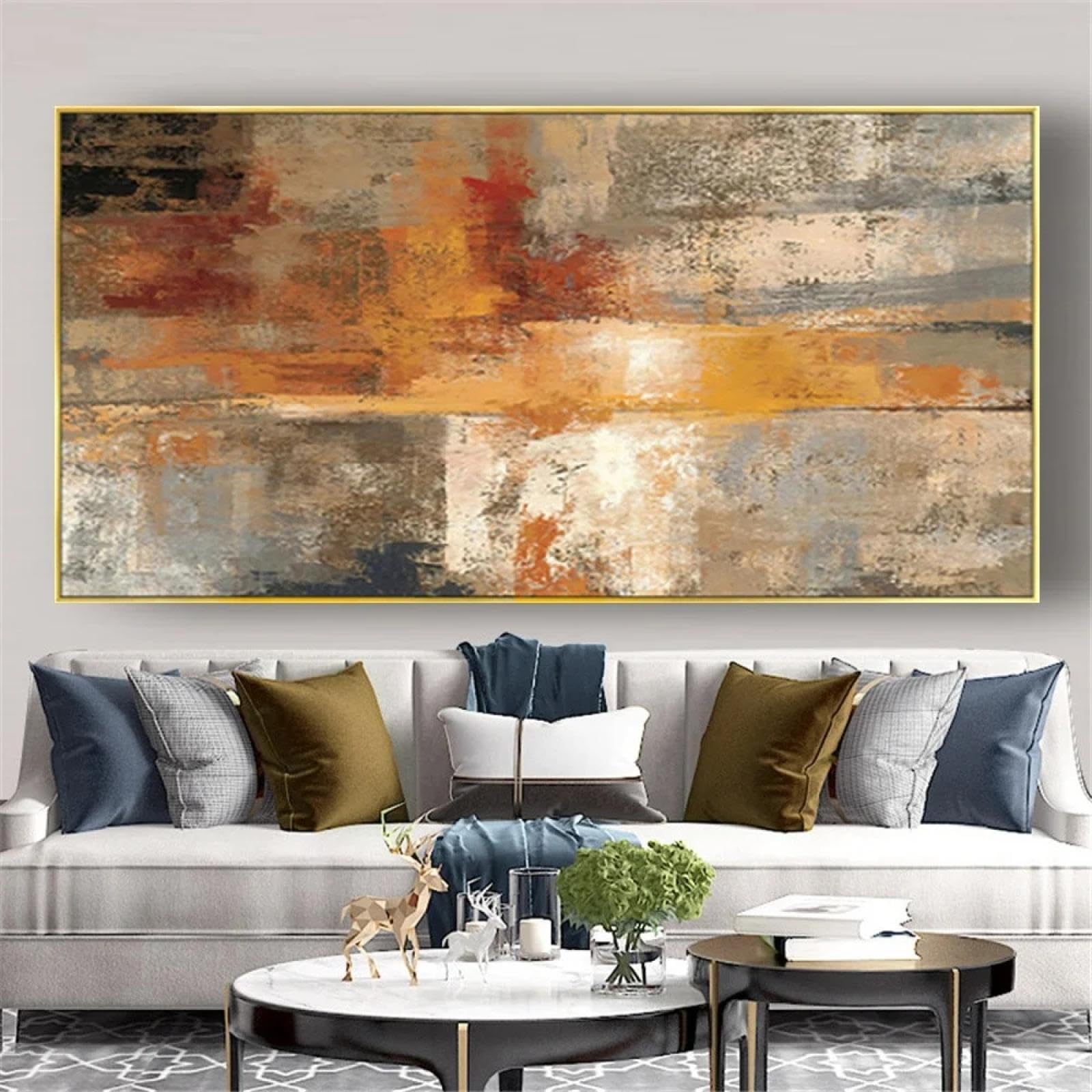 Pintura al óleo sobre lienzo de color cálido abstracto, cuadro de pared grande simple, arte gris beige sobre lienzo para decoración de la sala de estar del hogar, 55x115cm/22x45in sin marco