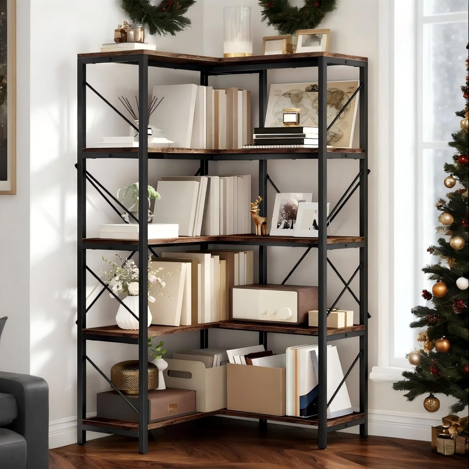 DWVO Corner Bookshelf, 5-Tier L-Shaped Bookshelf Storage Organizer, Tall Corner Bookcase Open Display Freestanding Storage Rack for Living Room, Home Office, Retro Brown