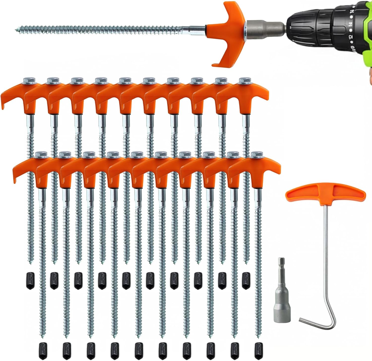 20-Pack Heavy Duty Screw-in Tent Stakes with Drill Adapter – 8 Inch Ground Anchors for Camping, Canopy, Gazebo, Awnings & Outdoor Accessories