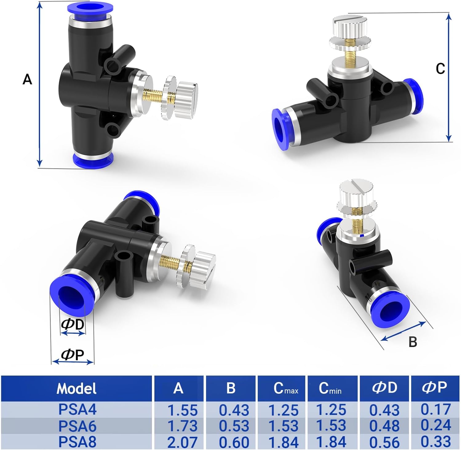 LSA6 6Packs 6MM OD Blue Quick-Connect Pneumatic Fittings – Push-to-Connect Air Hose Couplers, Push to Connect Fittings Quick Connect Pneumatic Ball Valve
