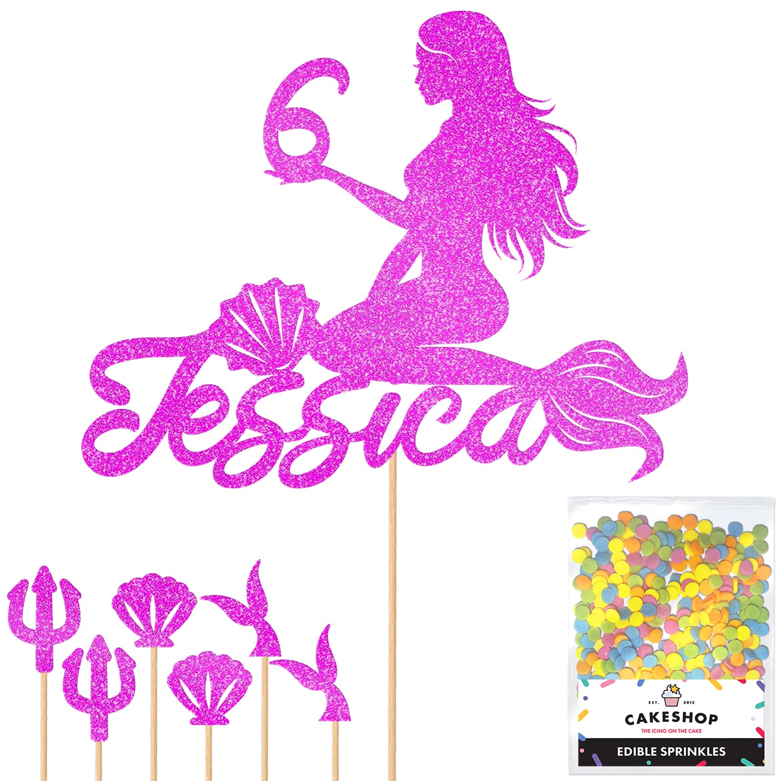 Personalised Birthday Mermaid Glitter Cake Topper- Pink Any Custom Age & Name Glitter Cake Decoration and Sprinkles - Happy Birthday Decorations - Personalised Toppers for Cakes by Cakeshop