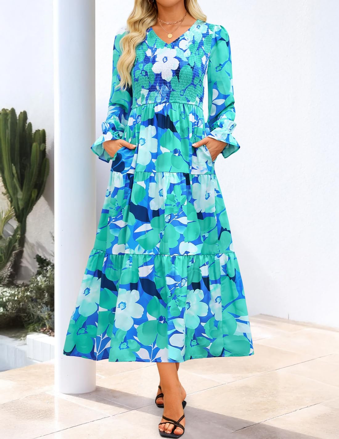 ZESICA Womens Floral Boho Maxi Dress 2026 Spring Summer Casual Long Sleeve V Neck A Line Flowy Wedding Guest Dresses - Image 2