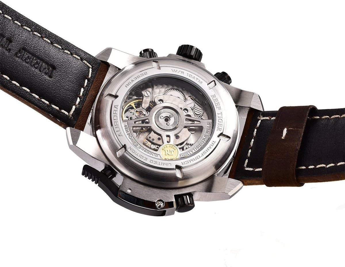 REEF TIGER Mens Sport Watches Stainless Steel Automatic Watch Military Watches Leather Strap RGA3532 (RGA3532-YBBLO)