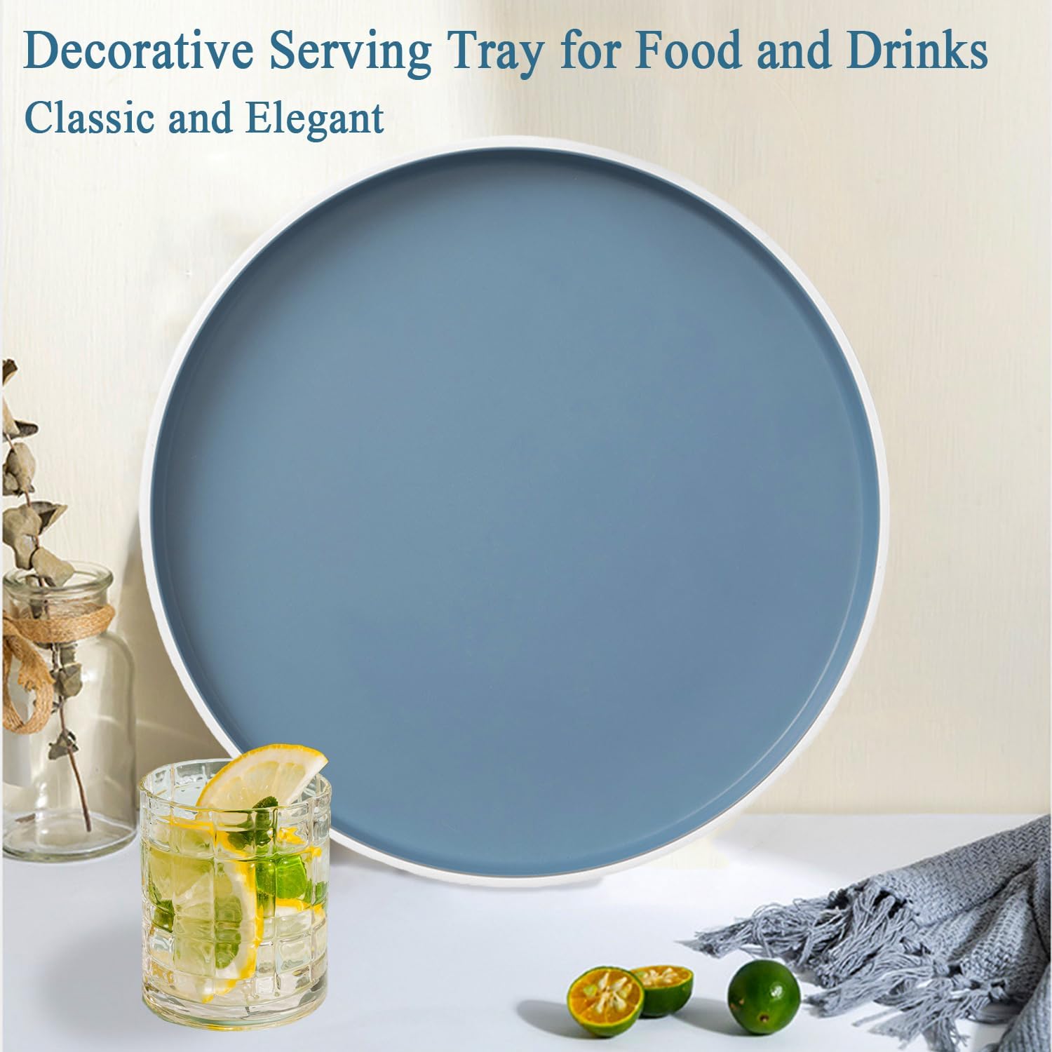 Decorative Serving Tray Round Food Tray Blue Coffee Table Tray Plastic Tray for Serving Food, Breakfast, Fruit, Snack, Drinks in Kitchen Living Room/Bedroom or Office