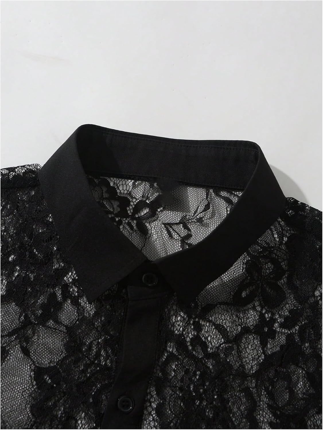 OYOANGLE Men's Floral Lace Sheer Button Up Shirt See Through Short Sleeve Collar Party Tops - Image 4