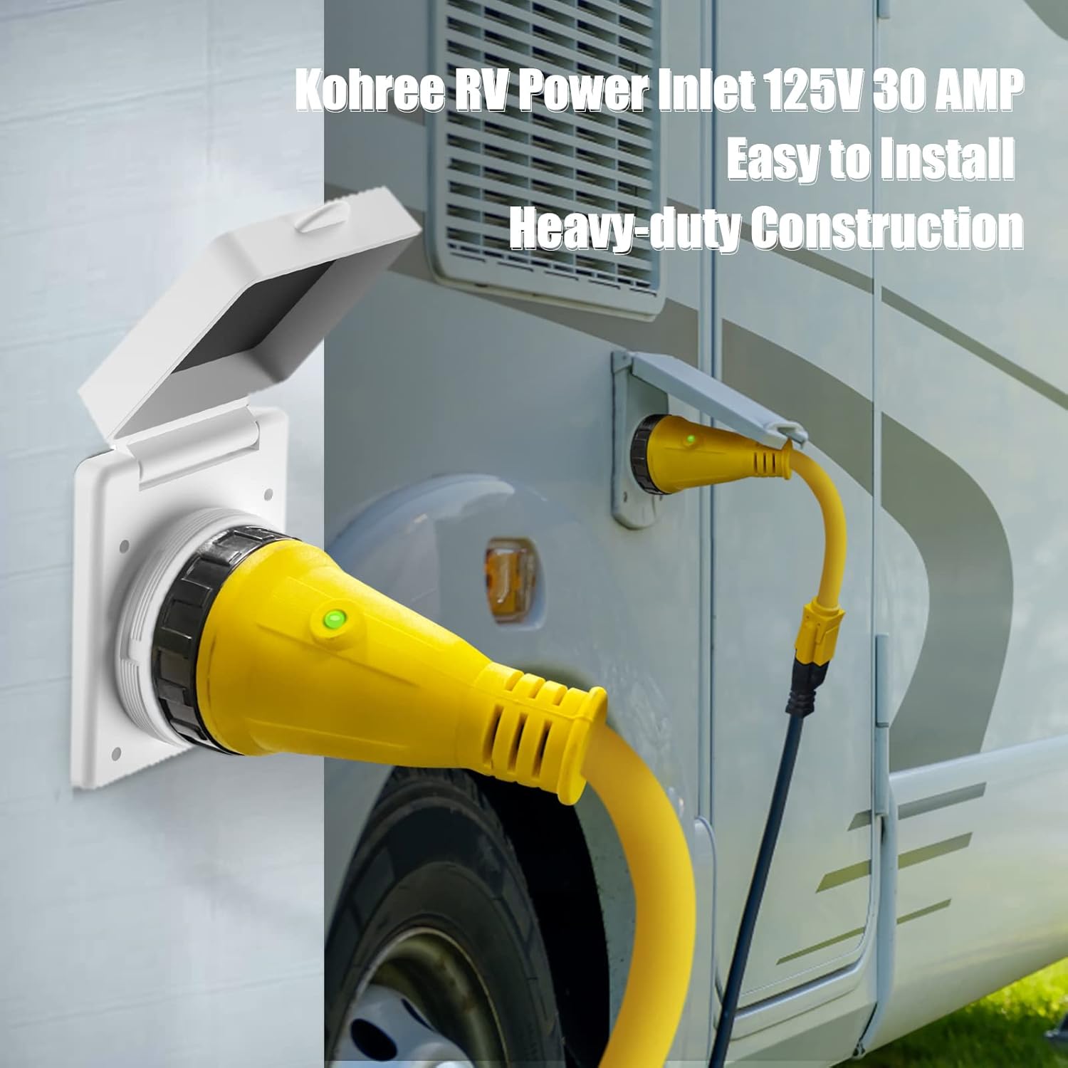 Kohree 30A RV Power Inlet 125V, Bundle with 50 Amp to 15 Amp 110V RV Adapter Plug