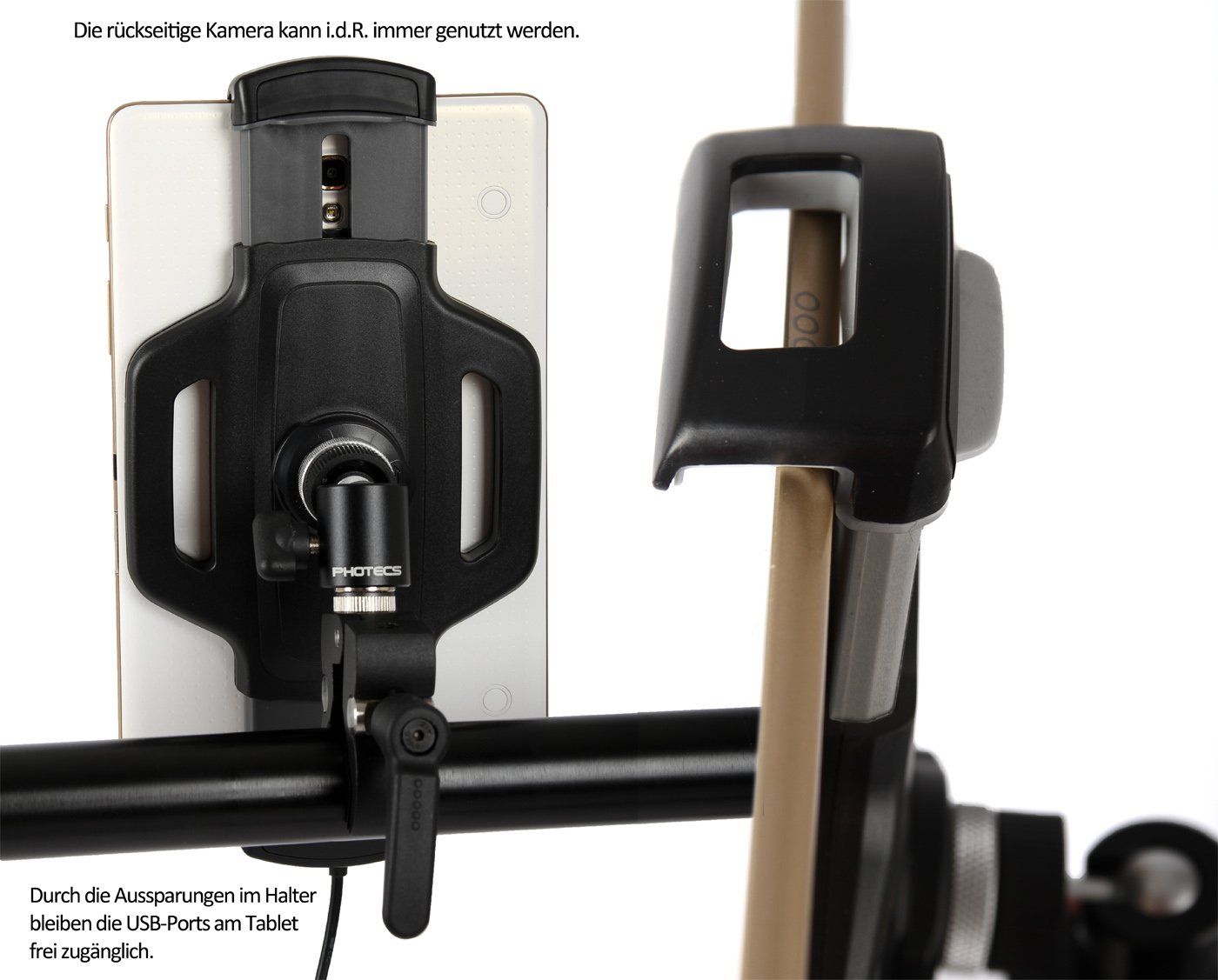Tablet-Halterung Pro V4-K2, höhenverstellbar mit Kniegelenk, für iPad Pro und andere Tablet-PC´s (von 6" bis 14 Zoll) an Rudergerät, Heimtrainer, Ergometer-Lenker, Kommissionierwagen etc.