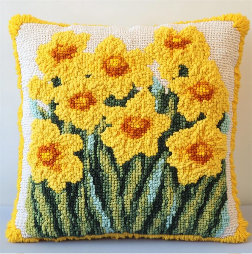 Rqwybcaxn 3D Pillow Latch Hook Embroidery Kits Daffodils DIY Pillow Materials Package Crocheting Rug Yarn Cushion Embroidery Set Fit for Beginners Embroidery Kit Pillowcase Cushion 17X17Inch
