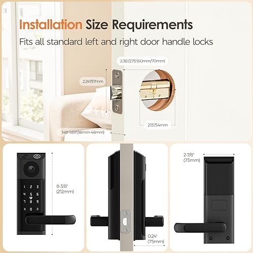 Miniatura 6 de Cerradura inteligente de huellas dactilares con cámara HD, cerradura de puerta de entrada sin llave con asa, timbre de video, control de aplicación,