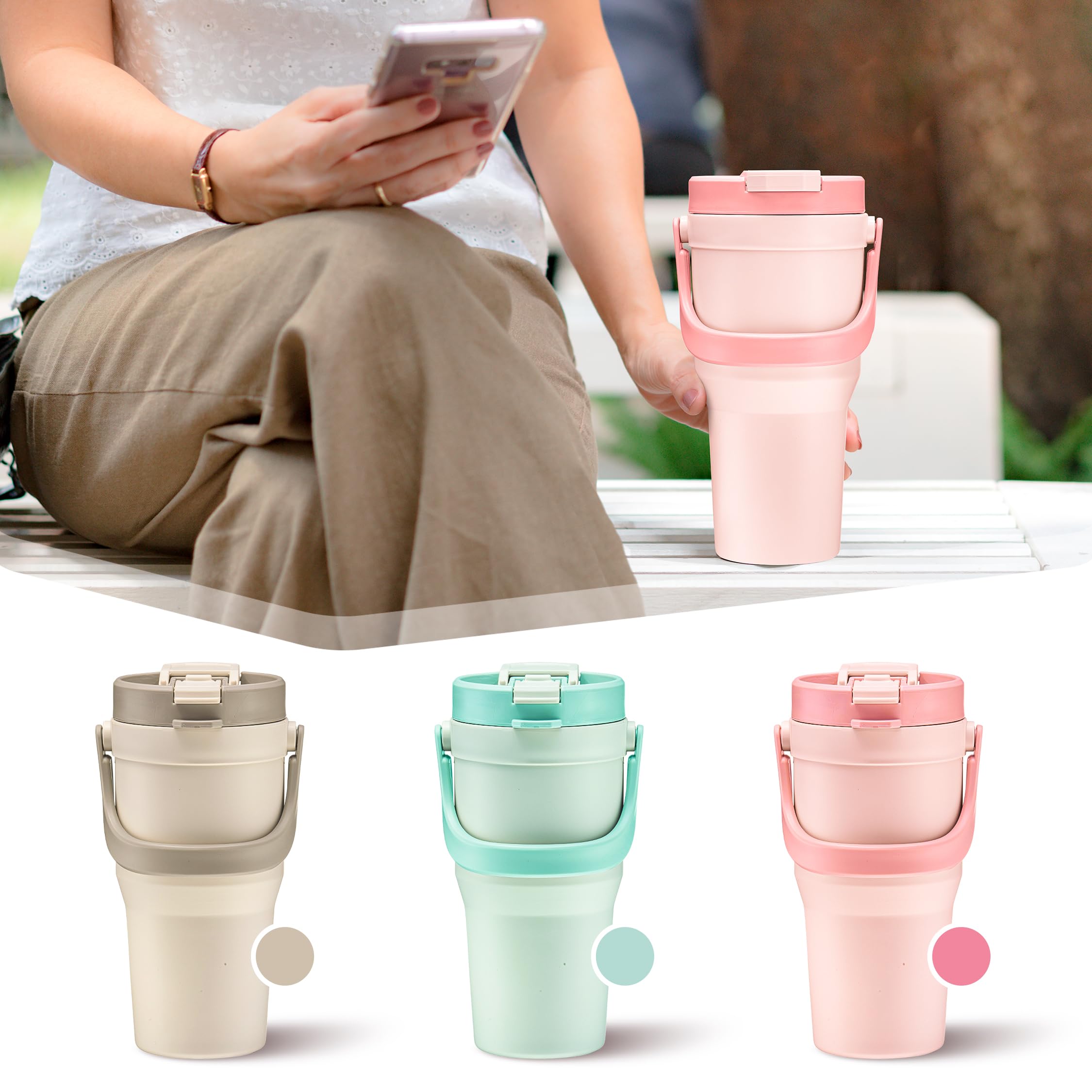 Taza de viaje de plástico reutilizable con asa, tapa a prueba de fugas, apta para microondas y lavavajillas, 24 onzas, verde (rosa)