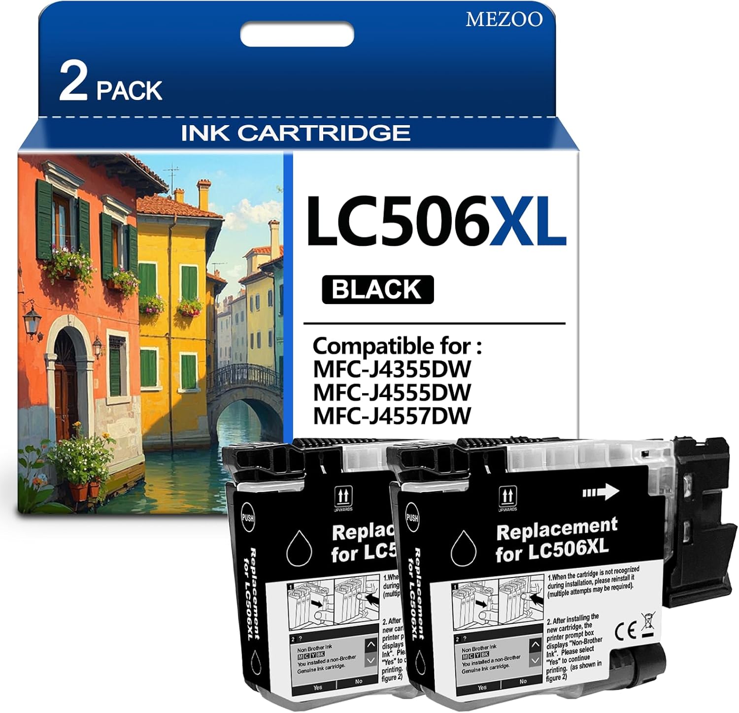 MEZOO LC506XL Black Ink Cartridge High Yield Replacement for Brother LC506XL LC506XLBK Ink Cartridge Compatible for Brother INKvestment MFC-J4355DW MFC-J4555DW MFC-J4557DW Printer (2-Pack,Black)