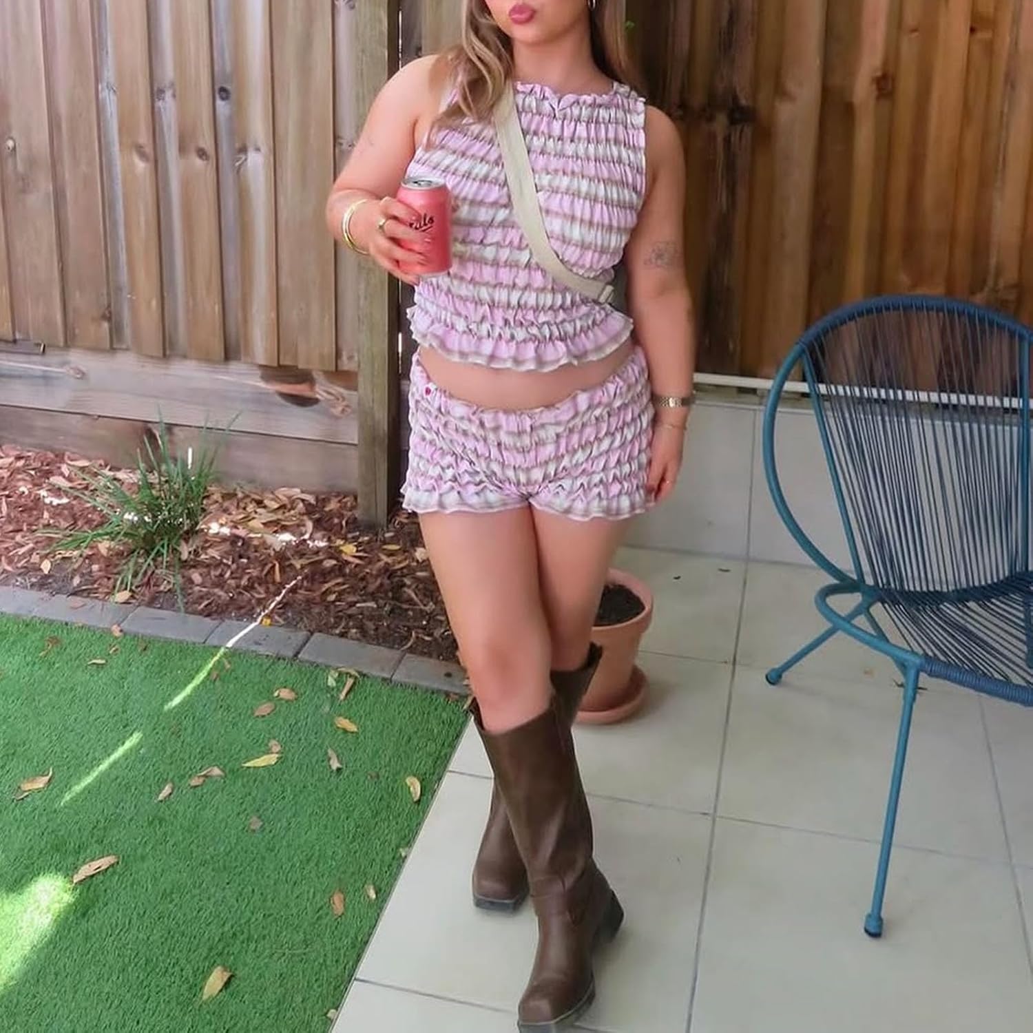 RUEWEY Women Gingham Pajama Set Plaid Sleeveless Smocked Shirred Slim Fit Tank Top Pleated Shorts 2 Piece Lounge Set - Image 2