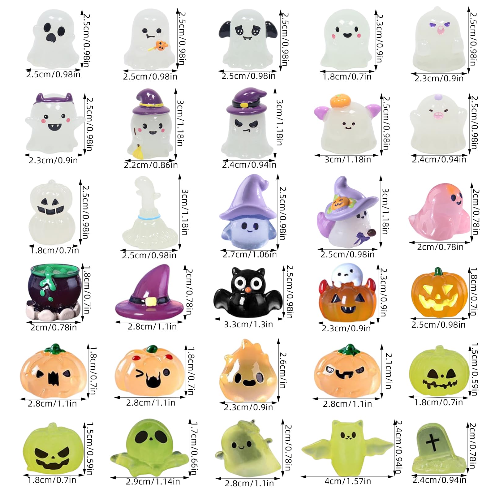 Booaee Świecące miniaturki na Halloween, 30 sztuk, świecące figurki na Halloween, świecąca dekoracja do użytku na zewnątrz, z nietoperzami, dynią, duchem, duchem, Halloween, dekoracja stołu, figurka