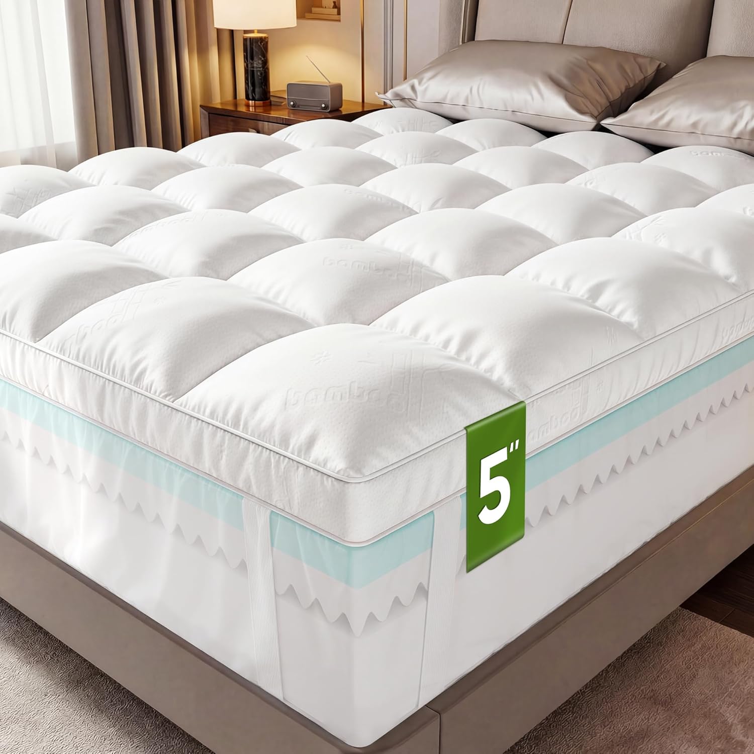 Extra Thick Memory Foam Mattress Topper Queen-5" Dual Layer with 2.5" Gel Foam Mattress Pad and 2.5" 1500GSM Cooling Bamboo Pillow Top - 2X Soft and Supportive for Back Pain Relief,80 * 60 * 5in