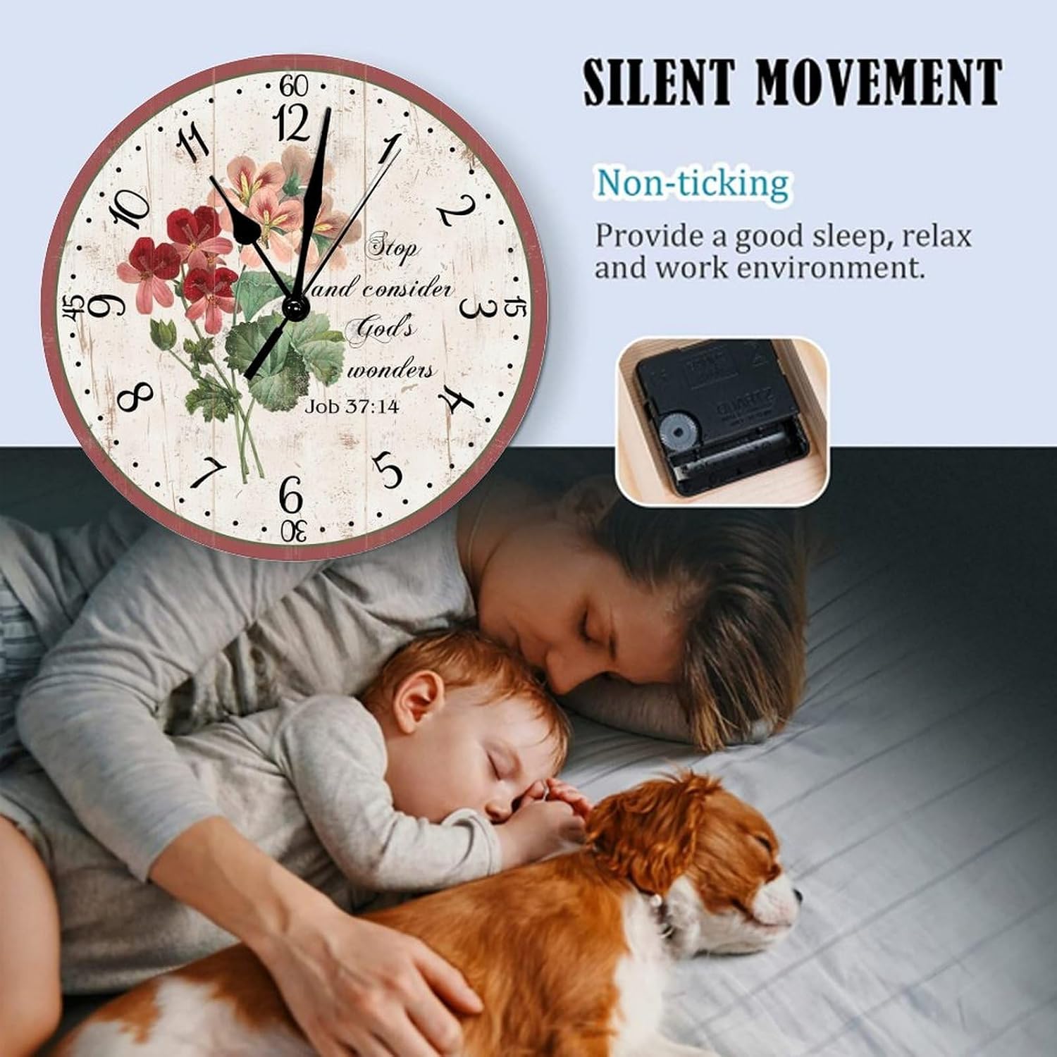 Christian Flower Round Clock Bible Job 37:14 Wooden Wall Clocks for Kitchen Decor Clocks Battery Operated 12 inch Silent Non-Ticking Wooden Wall Clocks Vintage Clocks for Room Easy to Read