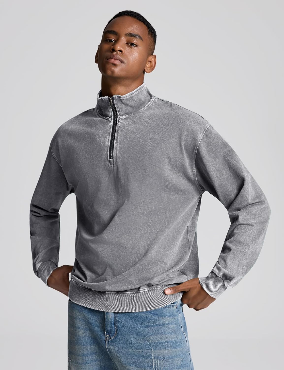Wyeysyt Men's Quarter Zip Sweatshirt Mock Neck Vintage Acid Wash Cotton Pullover Casual Streetwear Top