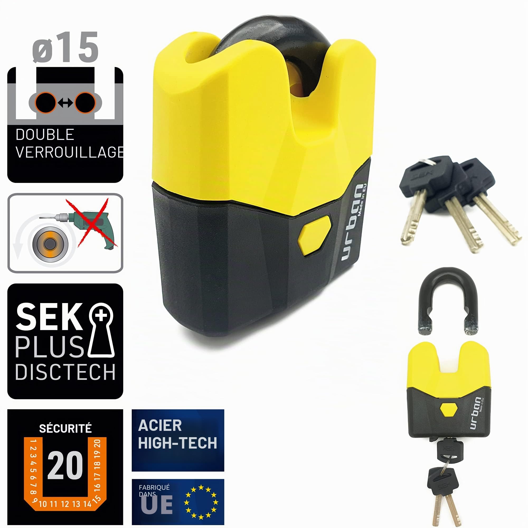 URBAN U8K Cadenas Haute Sécurité Homologué SRA Combinable avec Chaîne, Double Fermature ø15 Arc, Serrure Anti-Pick Anti-Perçage, Cadenas Antivol Blindé Polyvalent Portes Conteneur