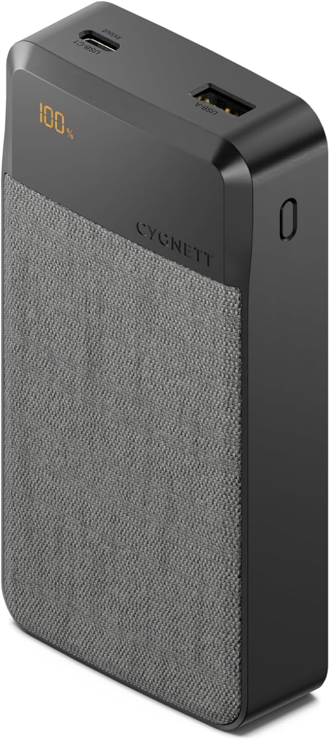 Cygnett Reserve Fast Charging Power Bank, angled view showing USB-A and USB-C ports.