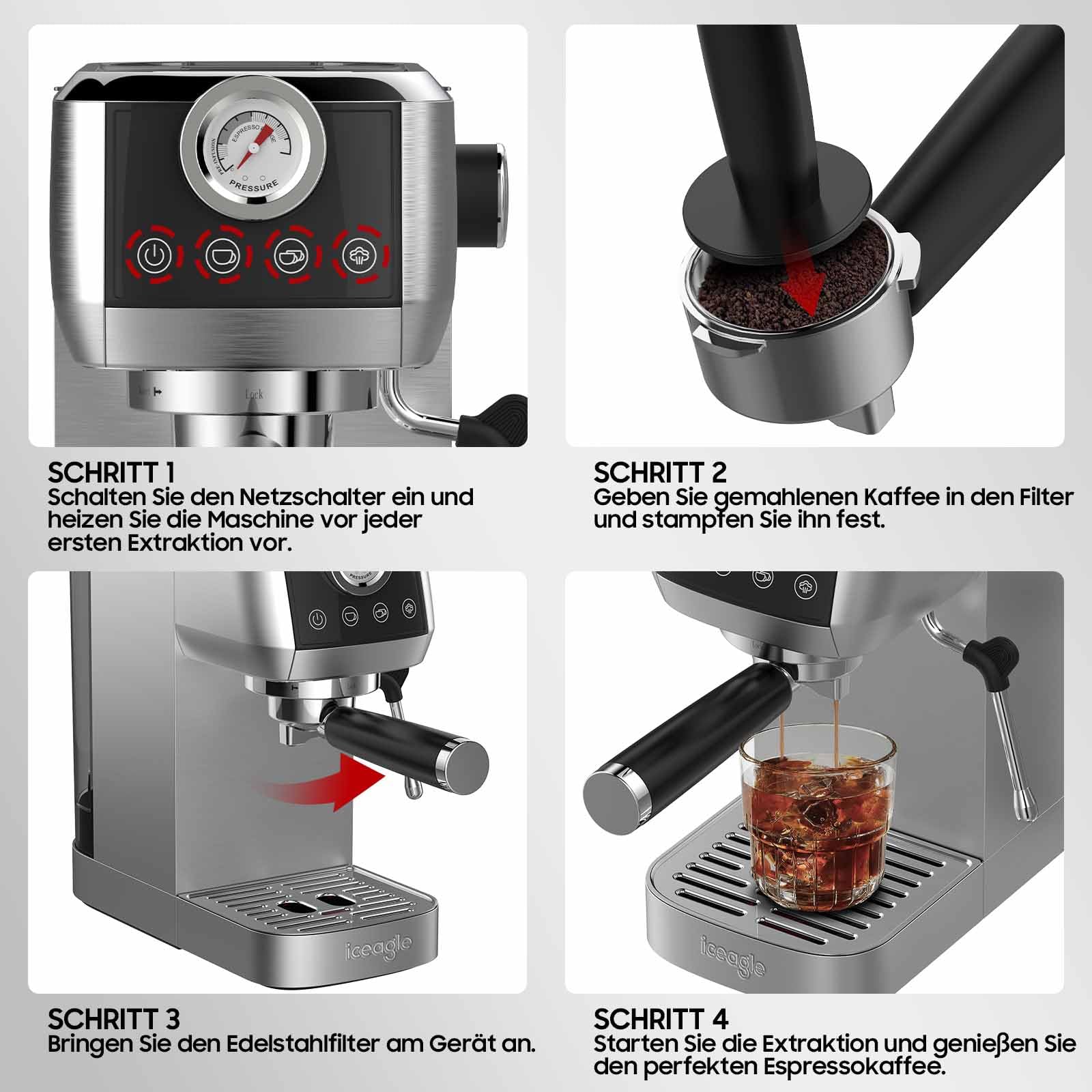 iceagle Espressomaschine CM1665B 20 Bar Italienischer Pumpe Siebträgermaschine Edelstahl Kaffeemaschine Espresso Cappuccino Latte Touchscreen Druckanzeige 1.3L Wassertank
