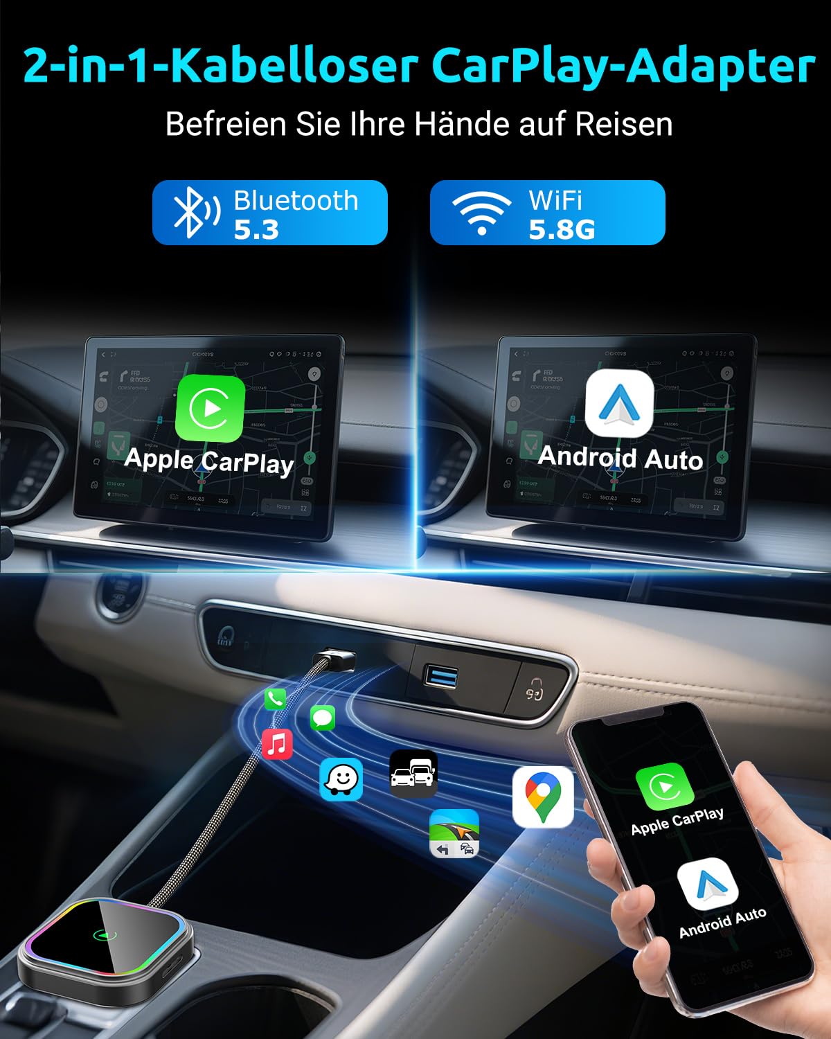 ESSGOO CarPlay Wireless Adapter für Apple,Android Auto Kabelloses Car Bluetooth WiFi Adapter USB C/A für iPhone iOS 10+,Android 11+,Plug und Play,Mini,Sprachgesteuerte Farbige RGB LED Leuchten