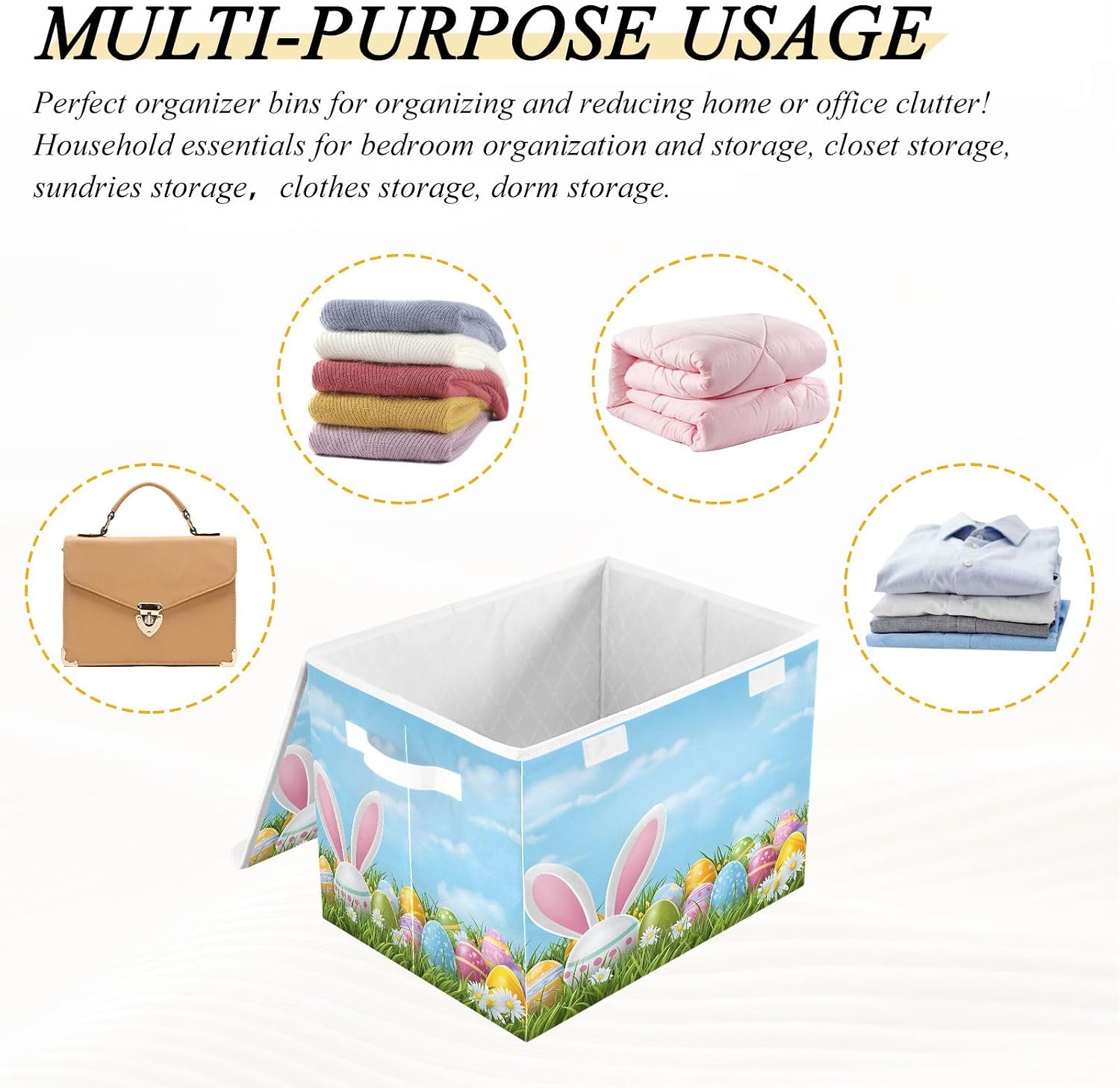 Bolaz Easter Bunny Ear Egg Storage Bins with Lids and Handles, Storage Box Basket with Cover Collapsible Organizer Containers for Home Closet, Shelves
