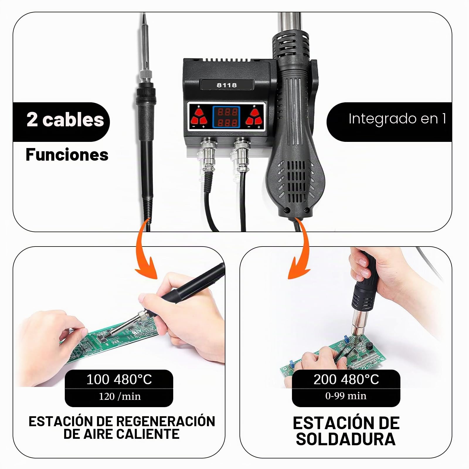Estación de soldadura de aire caliente 2 en 1, kit de estación | soldadura digital LED de 700W con 5 puntas de soldadura adicionales y 3 boquillas de aire caliente, estación de retrabajo