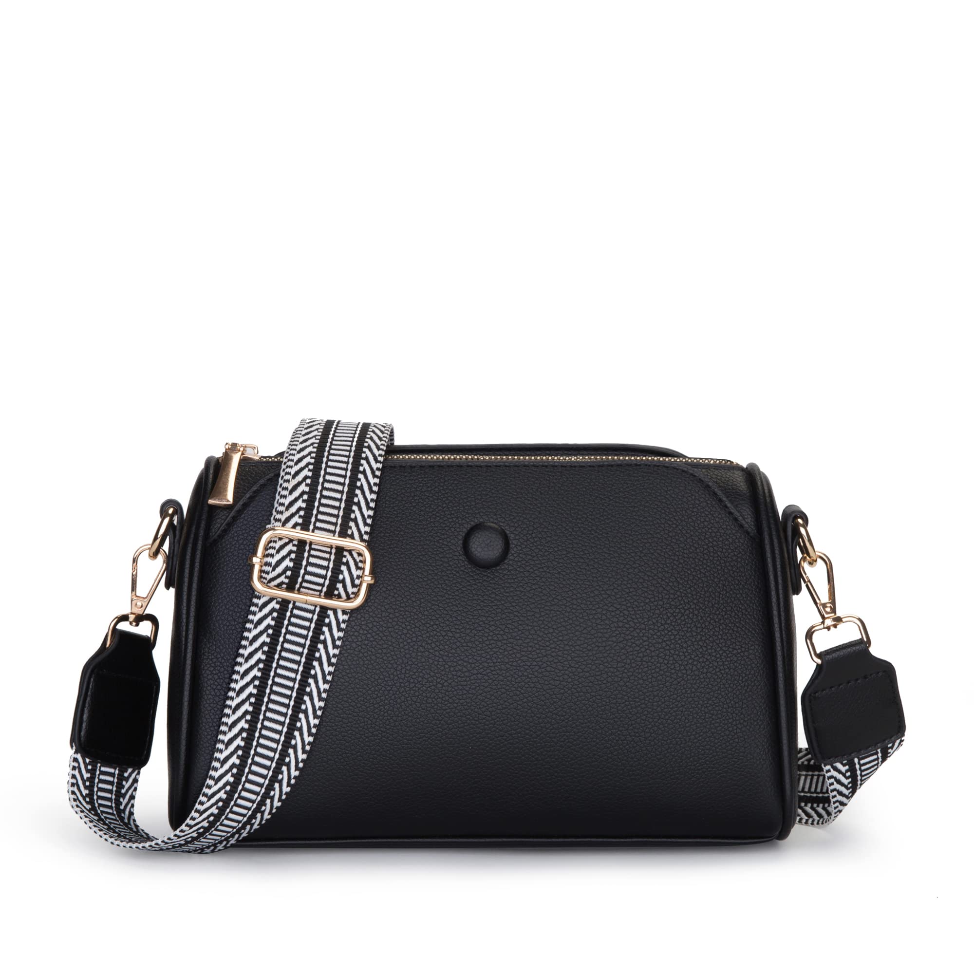 HeraldTriple Zip Medium Crossbody Bag for Women, Vegan Leather Side Shoulder Purse Handbag with Wide Guitar Strap