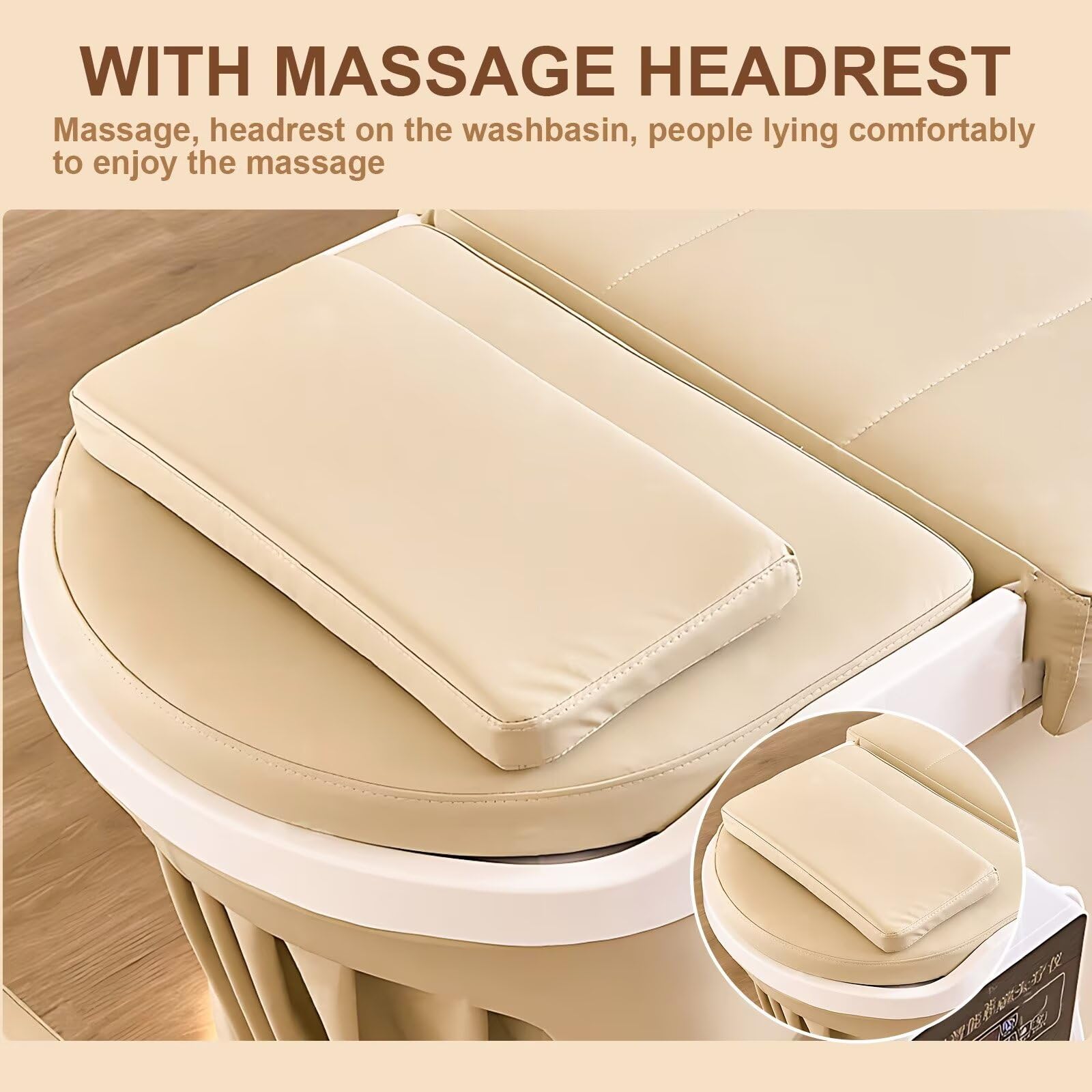 Kopf-Spa-Shampooliege, Professionelle Massageliege, Beigefarbene, Schlichte Salon-Spa-Ausstattung mit Wasserkreislauf Und Geräumigem Stauraum für Den Einsatz Im Schönheitssalon