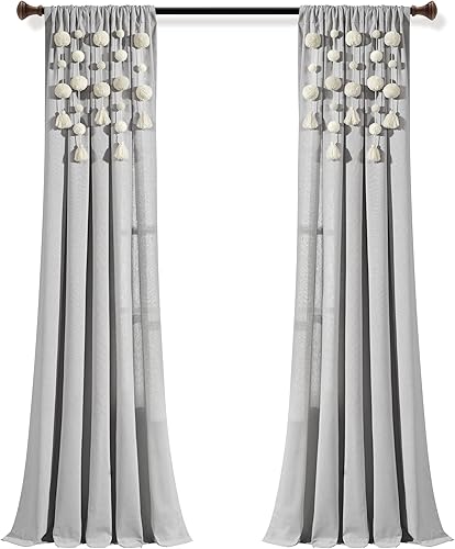 Miniatura 9 de Lush Decor - Panel de cortina con pompón estilo bohemio y borla de lino texturizado, individual de 52 pulgadas de ancho x 84 pulgadas de largo, gris