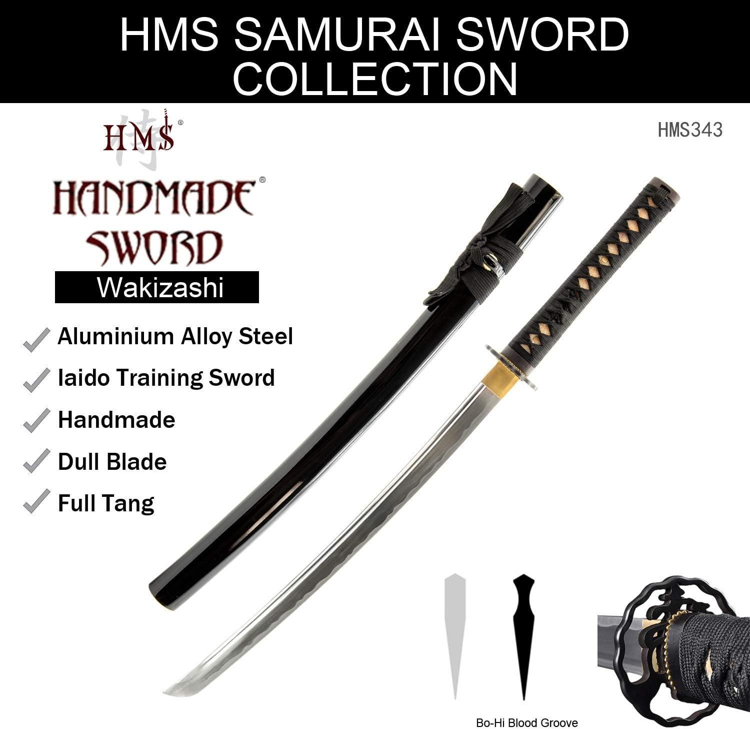 Handmade Sword - Aluminium Alloy Unsharpened Iaido Training Katana/Wakizashi Sword, Handmade, Full Tang, Black Scabbard (Iron343 Wakizashi)