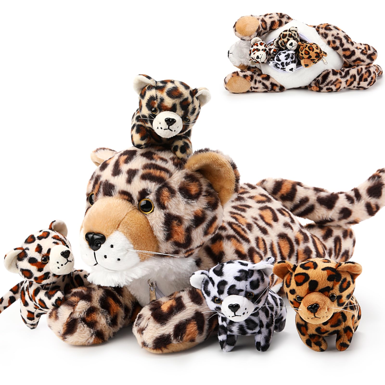 Silipull 5 Pcs Cheetah Stuffed Animals for Kids Large Mommy Cheetah Plush with 4 Baby Leopard Plush Toys in Tummy for Girls Boys Birthday Forest Party