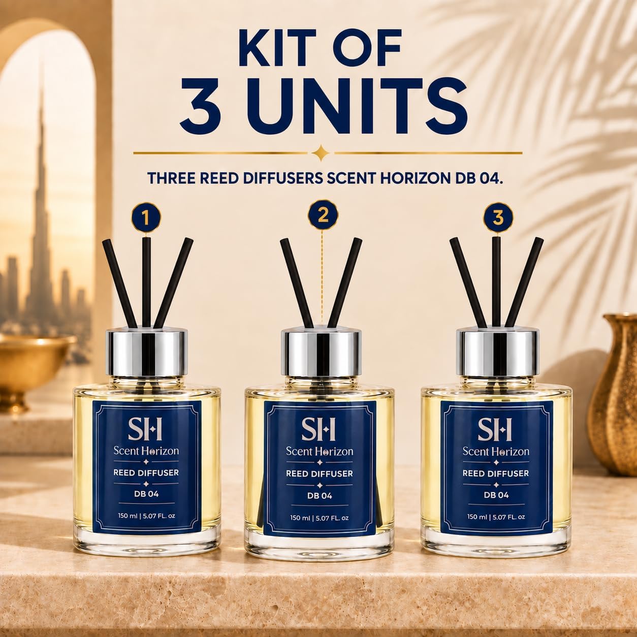 Dubai DB04 Hotel Reed Diffuser + Sticks, 3 x 5.07 oz (150 ml)
