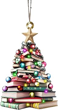 2D Flat Christmas Book Tree Ornament, Book Lover Gift, Bookworm Gifts, Book Christmas Tree Hanging 2025, Wooden Hanging, Book Club Ornament, 4.7 inch, Pack of 2 Not 3D