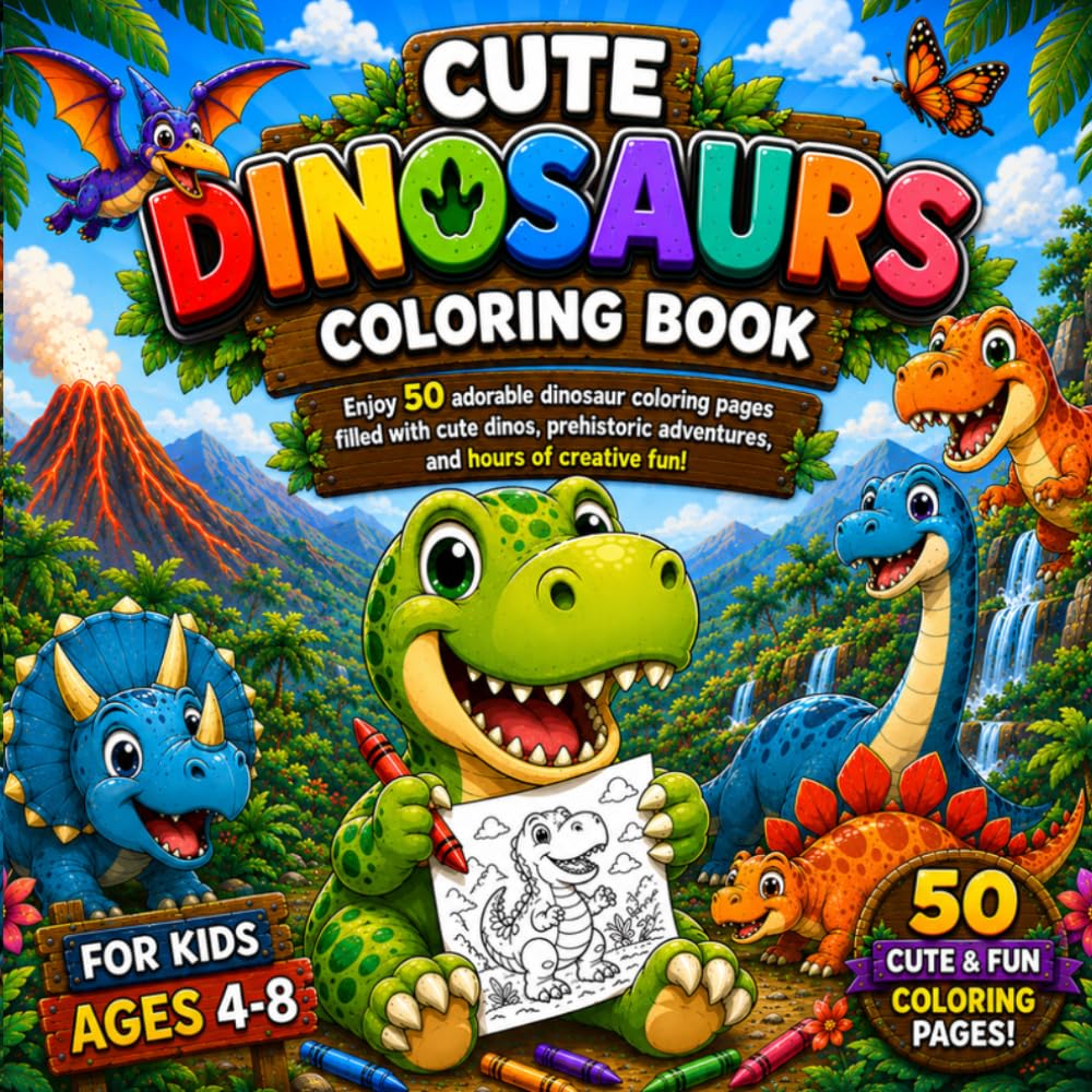 Cute Dinosaurs Coloring Book: 50 Cute and Fun Dinosaur Coloring Pages Featuring T-Rex, Triceratops, Stegosaurus, Brachiosaurus, Velociraptor, and More for Kids Ages 4-8