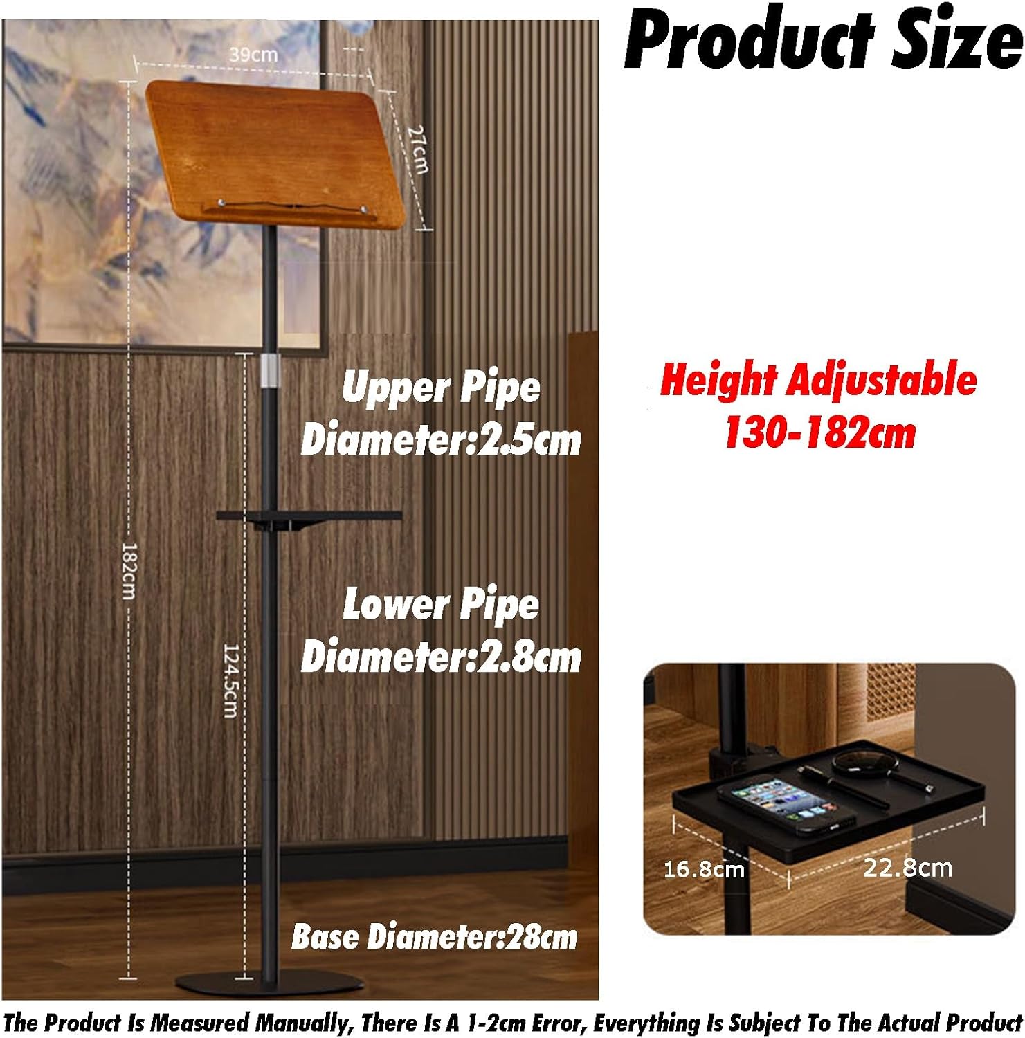 Height Adjustable Reading Stand,Floor Book with Removable Tray,180° Tilt Desktop for Music Sheet Recipe Tablet(28x28x107-142cm)