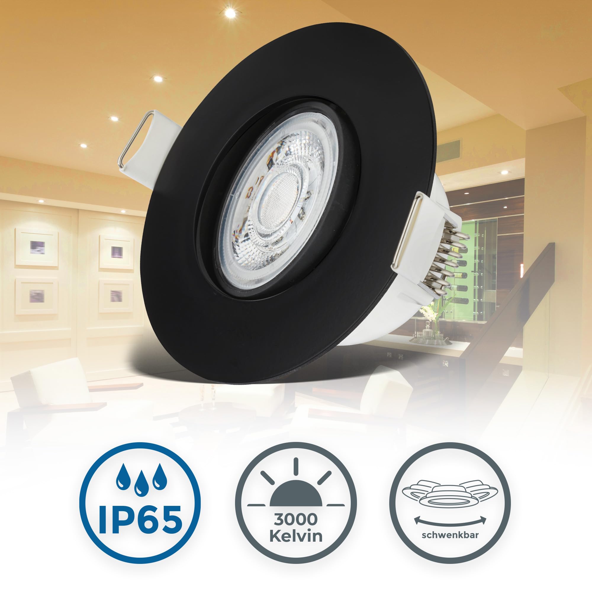 B.K.Licht - Juego de 6 focos LED empotrables 230V, focos LED orientables para el baño IP65, focos LED de techo, focos LED, focos de techo, lámpara de baño, 9 x 4,2 cm (DxH), negro