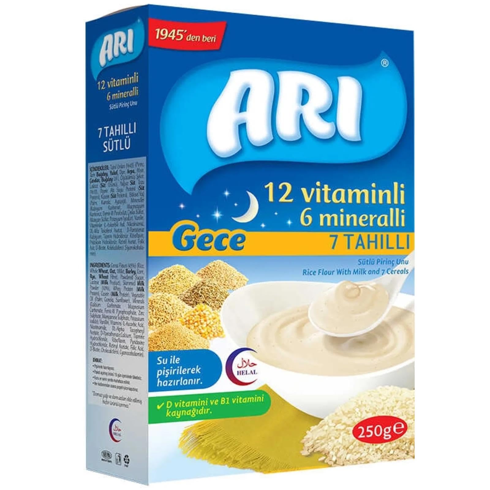 Arı Mama 12 Vitaminli 6 Mineralli Sütlü 7 Tahıllı Pirinçli Gece,250 Gr