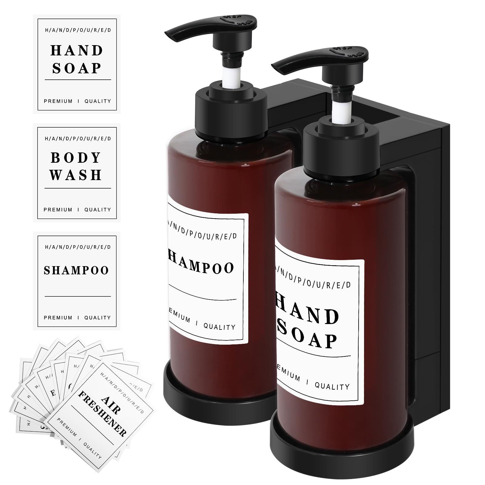 Soap Dispenser Bathroom Wall Without Drill, Dispenser Gel and Shampoo Shower Hanging, 600 ml Dispenser Soap Kitchen, Refillable Soap Dispenser with Labels, for Lotions, for Bathroom, Kitchen