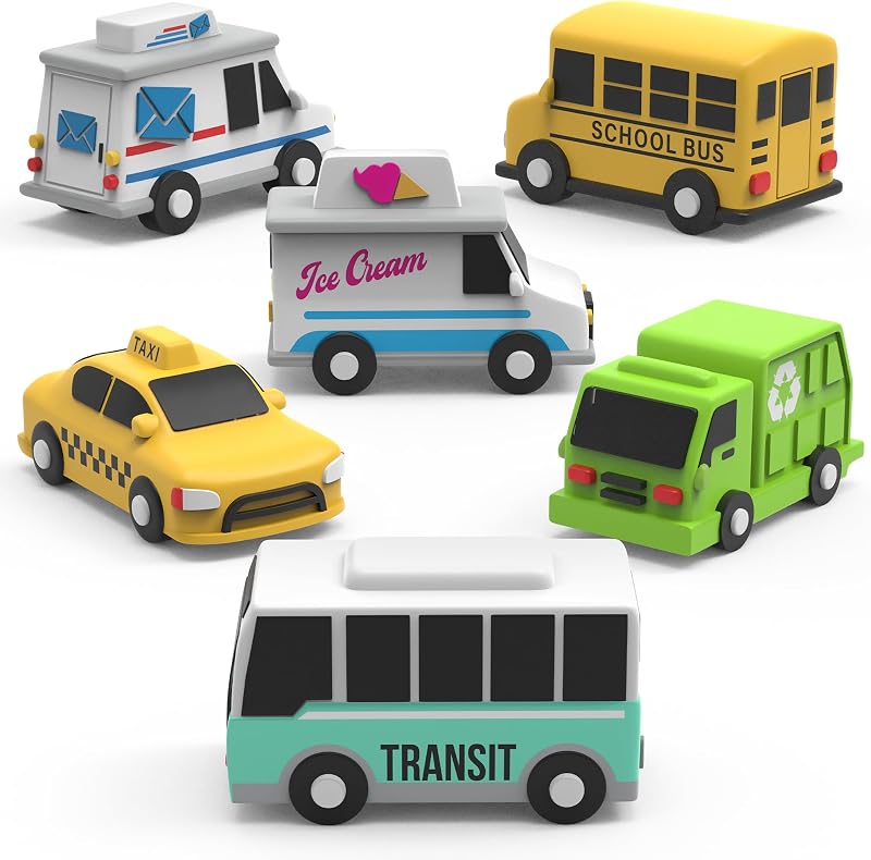 Tub Works® Vehicles™ Juguetes de baño sin moho para carros de baño, paquete de 6 | El diseño de juguetes de baño sellados y sin agujeros mantiene la humedad fuera | Suave, exprimible y flota en el agua | Divertidos juguetes de baño para bebés y niños pequeños | Juguetes de baño para autos urbanos