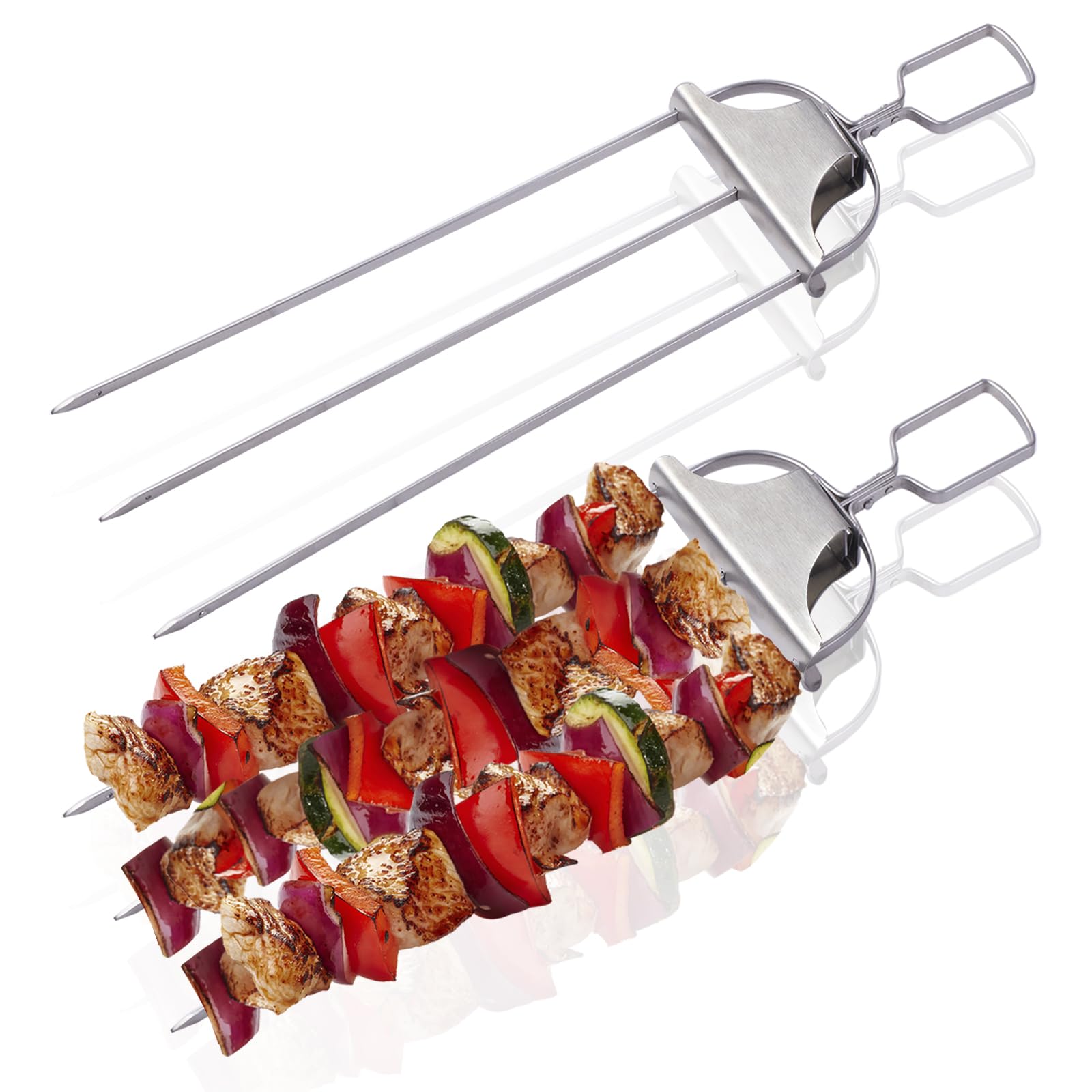 Skewers for Kabobs Set of 2, 14 Inch 3-Prongs Metal Kabob Skewer Stainless Steel Flat Sticks with Slider for Grilling Meat, Veggies, Sausages, Reusable Shish Kebab Skewers with Storage Bag