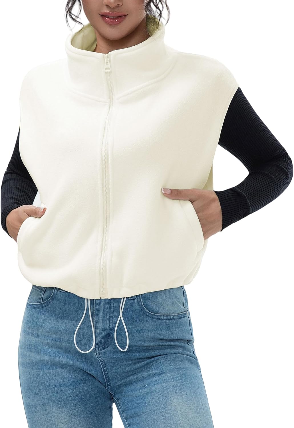 Women's Full Zip Fleece Short Vest Warm Winter Sleeveless Stand Collar Sherpa Crop Coat