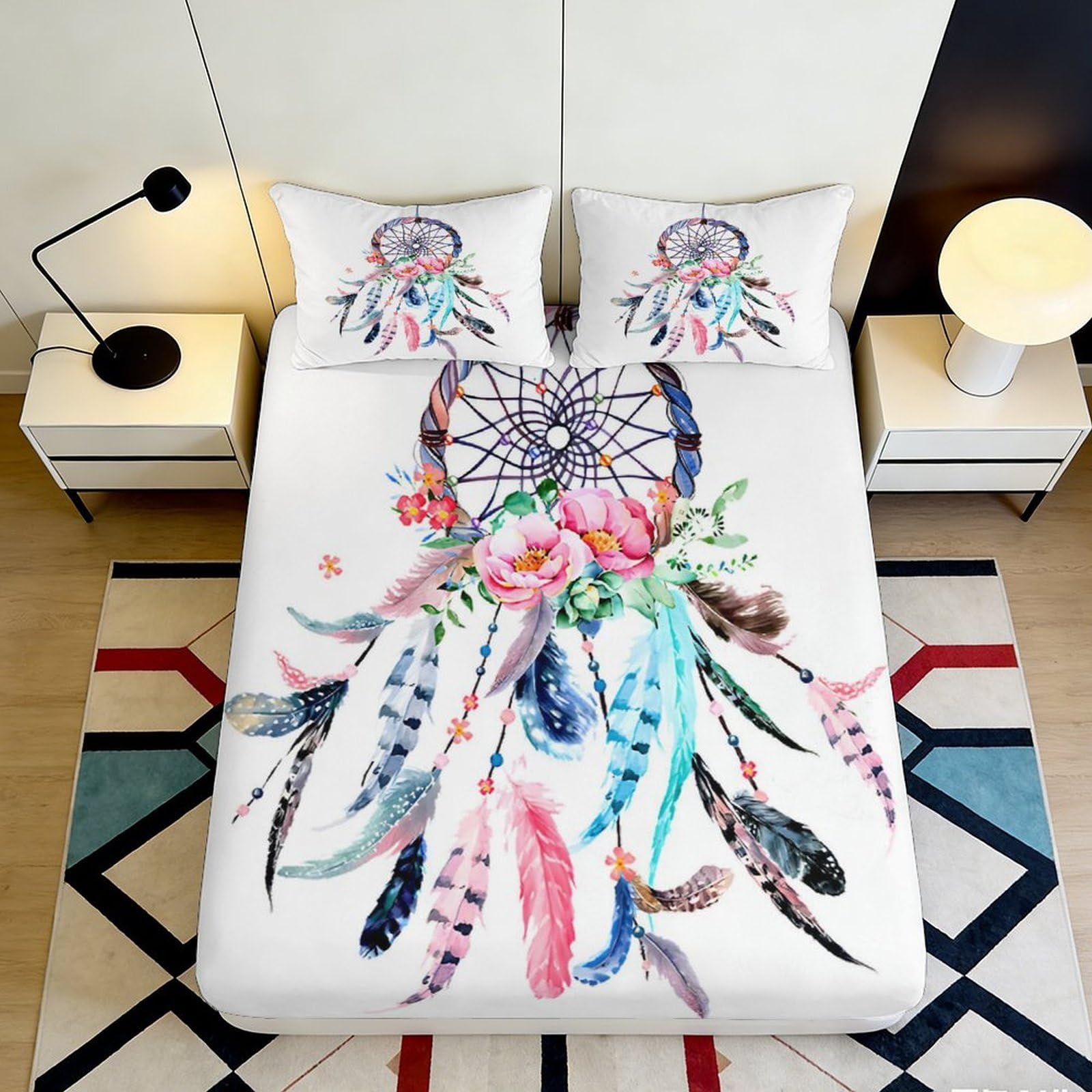 3D Printed dreamcatcher Fitted Sheet with colorful feathers, soft touch Microfiber, wrinkle resistant, guest room bedding, easy care, stylish bedroom decor, bed cover 90x200x25cm