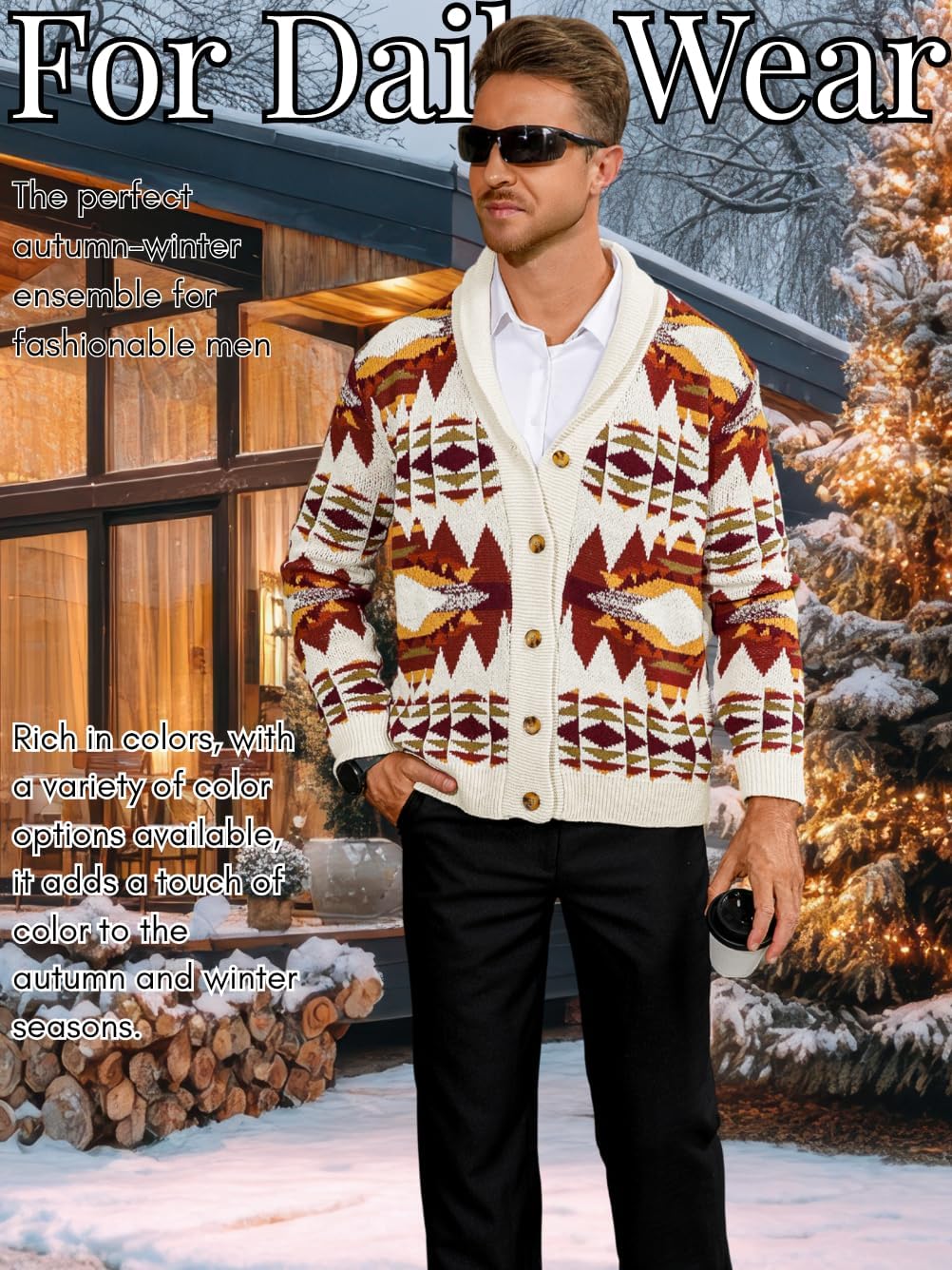 Men's Aztec Casual Cardigan with Pockets, Shawl Collar Button Down Crochet Western Sweater Coat Fits Chest 36-46 - Image 7