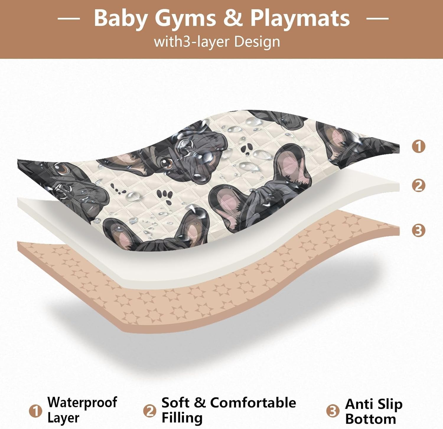 Baby Play Mat Black French Bulldog Paw Print 50 x 50 Playpen Mats for Floor Play Gym Crawling Mat Non-Slip Cushioned Baby Playmat for Infants, Babies, Toddlers