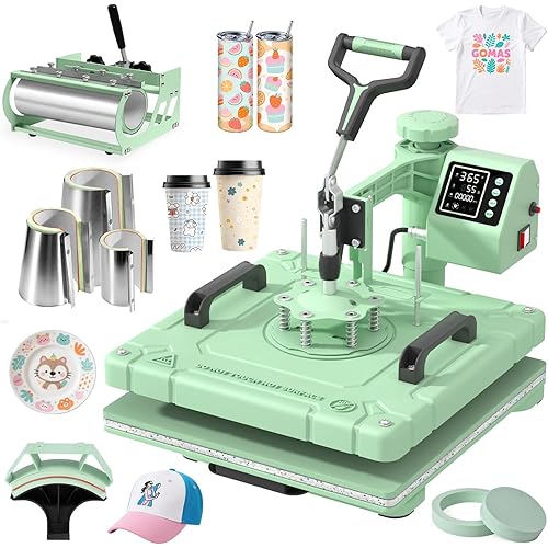 Slendor 8 in 1 Heat Press Machine 15x15 inch 360-Degree Swing Away Digital T Shirt Pressing Machine Multifunction Heat Transfer Sublimation Combo for T Shirts Mugs Hat Plate Cap, Green