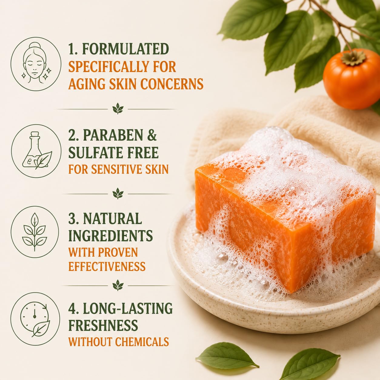 2026 nowe mydło Fresh Persimmon w kostce, naturalny baton oczyszczający z ekstraktami roślinnymi, mydło o zapachu drzewiastych cytrusów, nawilżający płyn do mycia skóry dojrzałej, codzienna kontrola