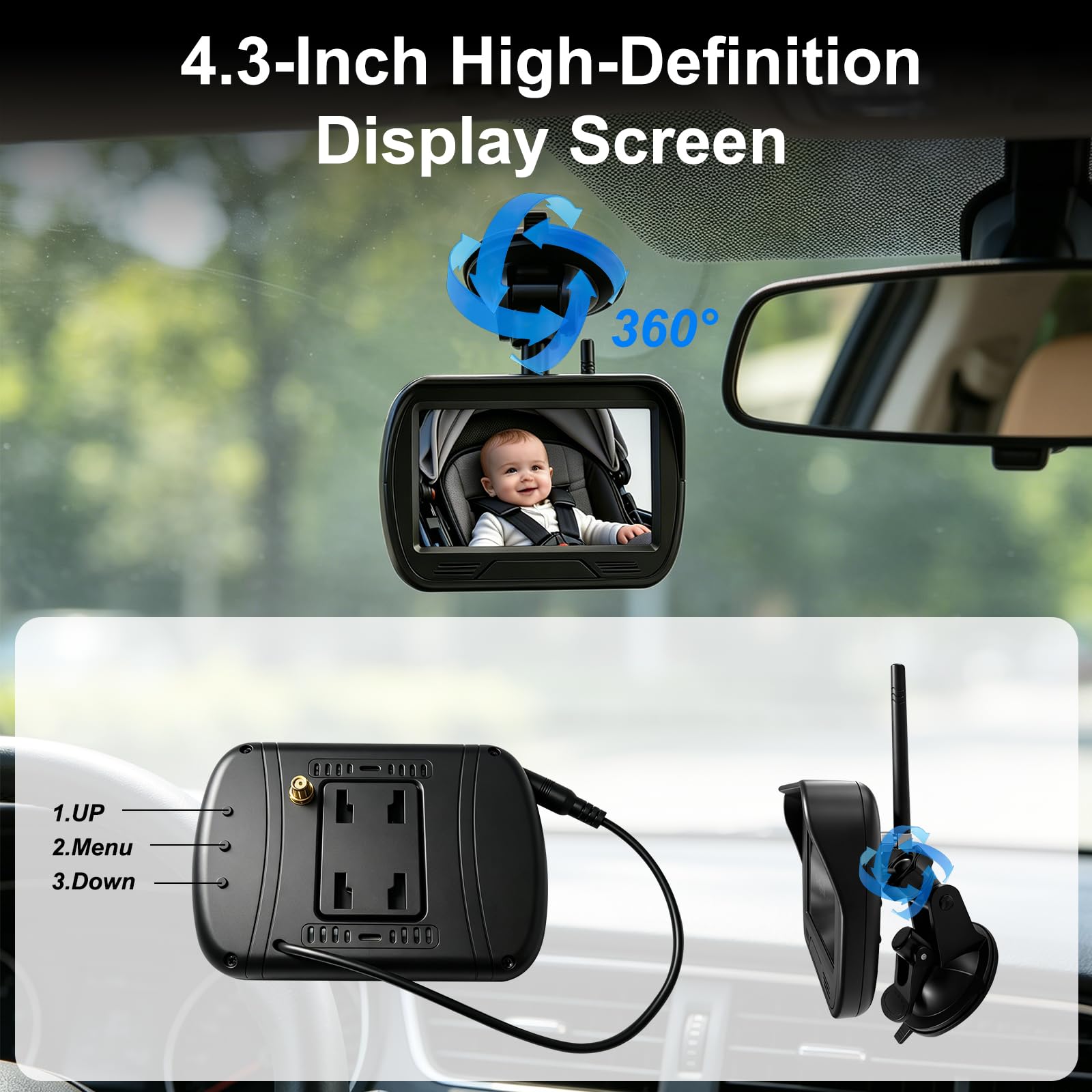 OBEST Espejo Coche Bebé Asiento Trasero Inalámbrica WiFi con Pantalla 4.3" | Retrovisor Cámara Bebe Coche Kit 1080P HD Visión Nocturna, 24H Espejo Camara Coche Bebe Ajustable 360, Plug and Play