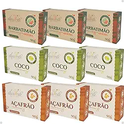 Kit 9 Sabonetes em Barra Naturais de Coco, Açafrão, Aroeira e Barbatimão – Antisséptico, Hidratante e Cicatrizante, Ideal para Cuidados com a Pele, Higiene Diária e Tratamento Natural