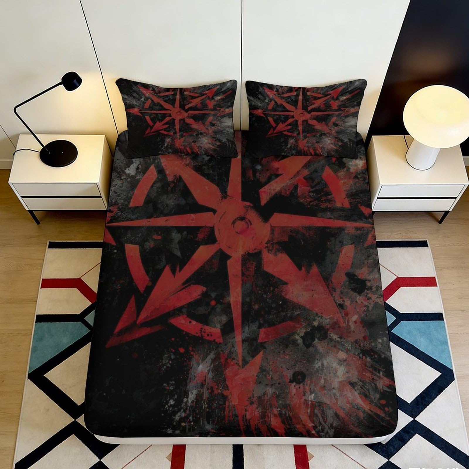 3D Printed Red Compass Star Fitted Sheet Microfiber Deep Pocket Non-Slip Bedding Red Compass Star Mattress Fitted Cover Washable for Bedroom 140x200x25cm